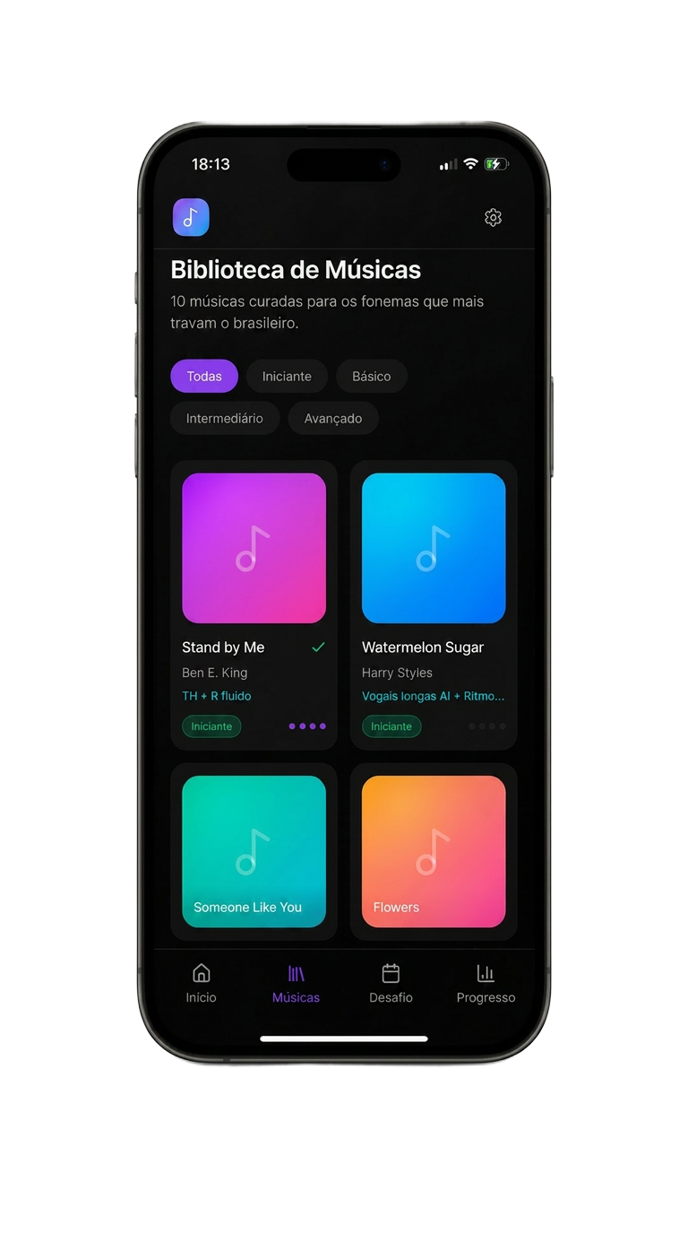 Biblioteca de músicas do app Inglês com Música